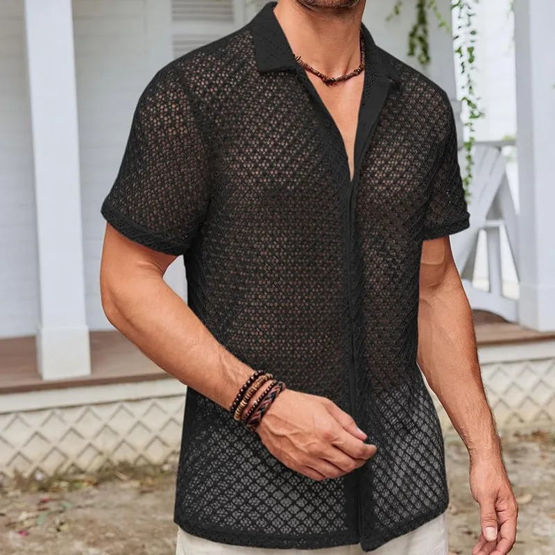 Fashion Solid Color Polo Shirt Short Sleeve Mesh Men's Tops