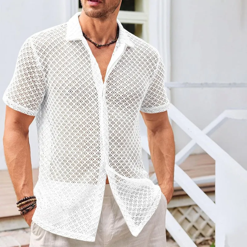 Fashion Solid Color Polo Shirt Short Sleeve Mesh Men's Tops