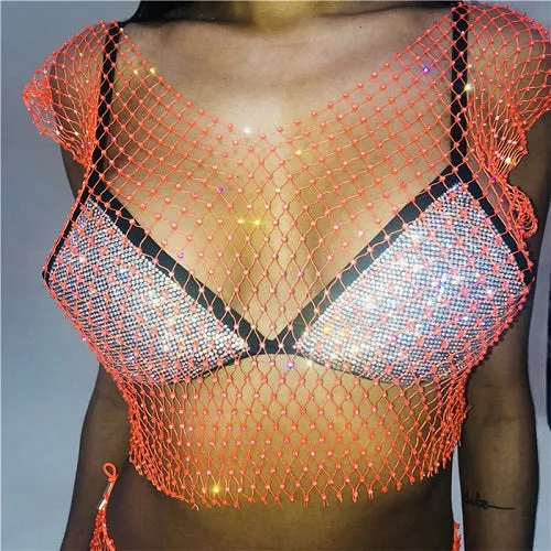 Festival Queen Sexy Diamonds Mesh Cropped Tank Top