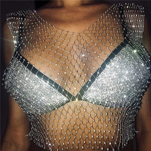 Festival Queen Sexy Diamonds Mesh Cropped Tank Top
