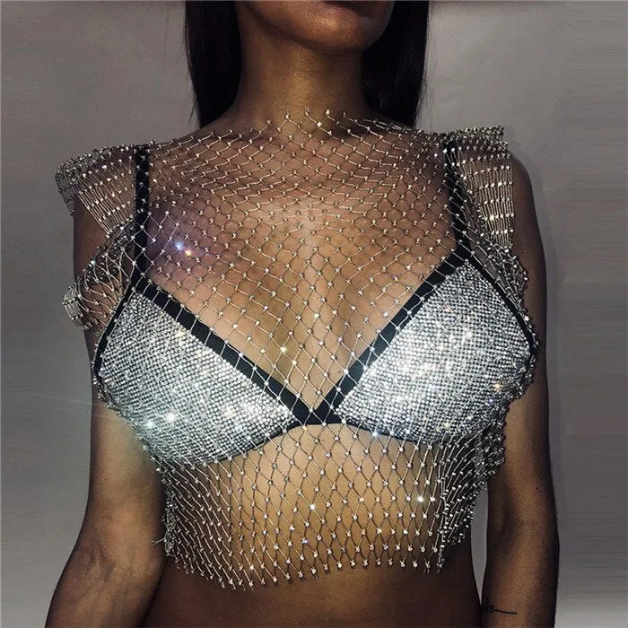 Festival Queen Sexy Diamonds Mesh Cropped Tank Top