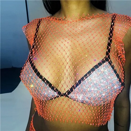 Festival Queen Sexy Diamonds Mesh Cropped Tank Top