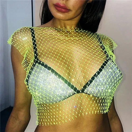 Festival Queen Sexy Diamonds Mesh Cropped Tank Top