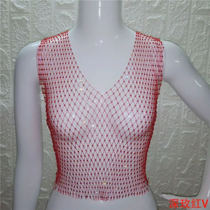 Festival Queen Sexy Diamonds Mesh Cropped Tank Top