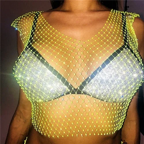 Festival Queen Sexy Diamonds Mesh Cropped Tank Top