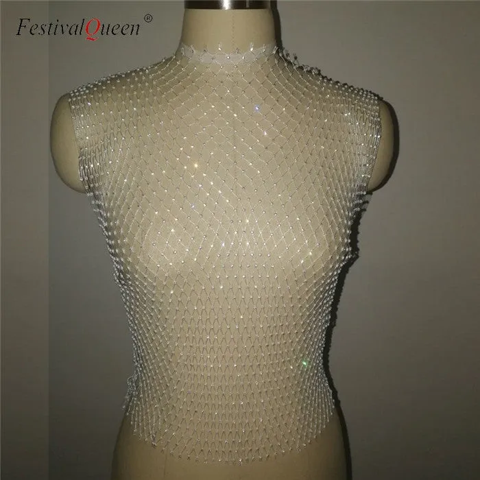 Festival Queen Sexy Diamonds Mesh Cropped Tank Top
