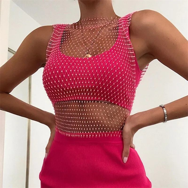 Festival Queen Sexy Diamonds Mesh Cropped Tank Top