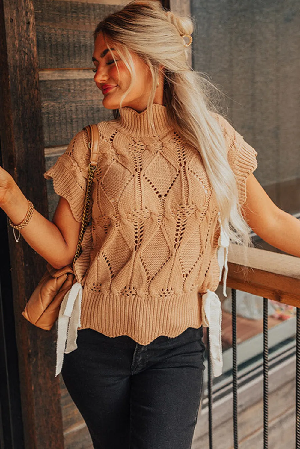 Flaxen Hollowed Knit Scalloped Trim High Neck Sweater