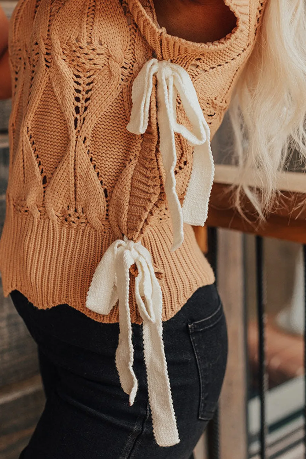 Flaxen Hollowed Knit Scalloped Trim High Neck Sweater