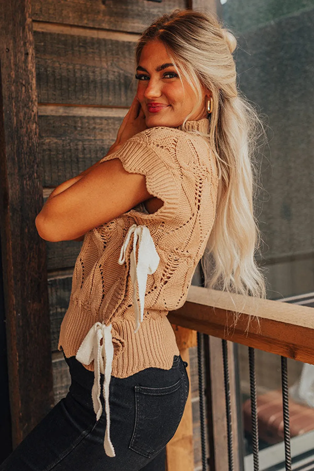 Flaxen Hollowed Knit Scalloped Trim High Neck Sweater