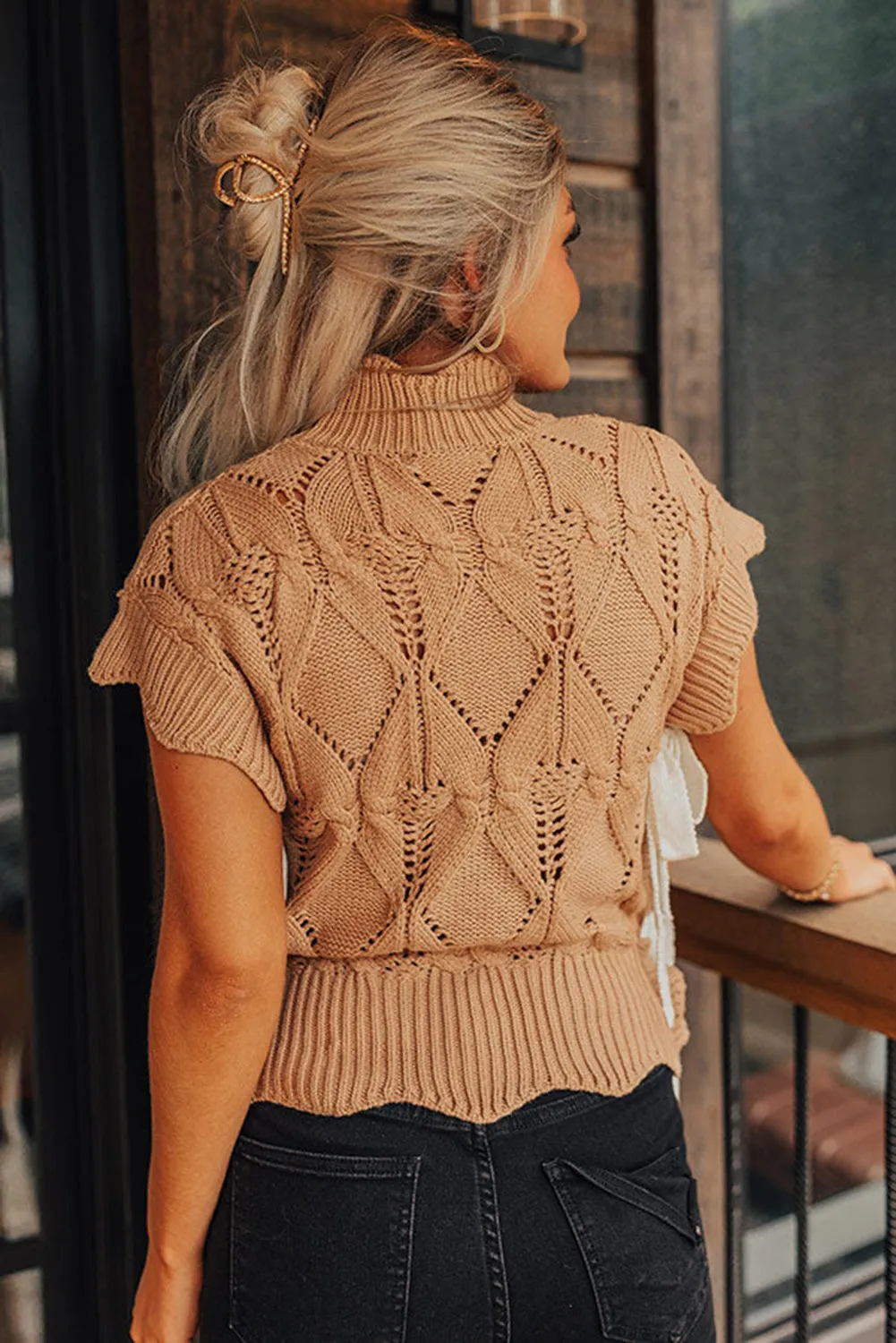 Flaxen Hollowed Knit Scalloped Trim High Neck Sweater