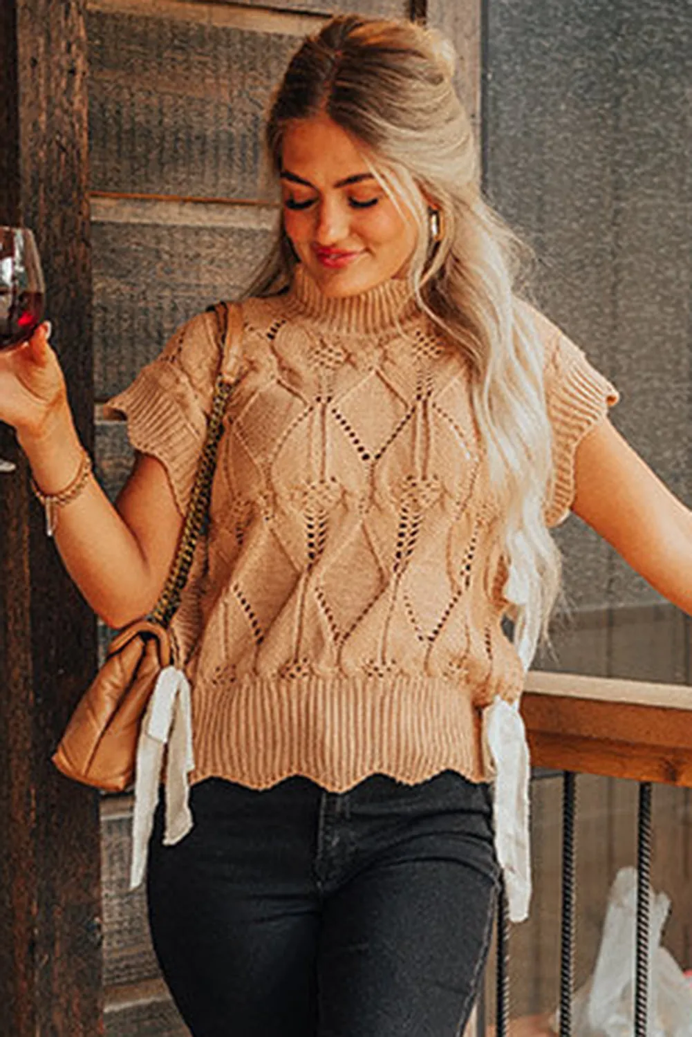 Flaxen Hollowed Knit Scalloped Trim High Neck Sweater