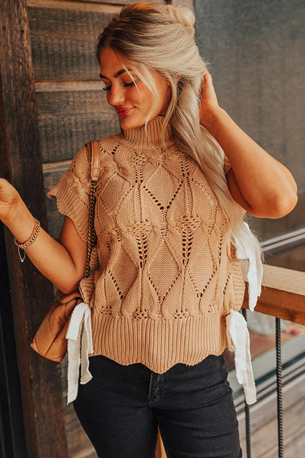 Flaxen Hollowed Knit Scalloped Trim High Neck Sweater
