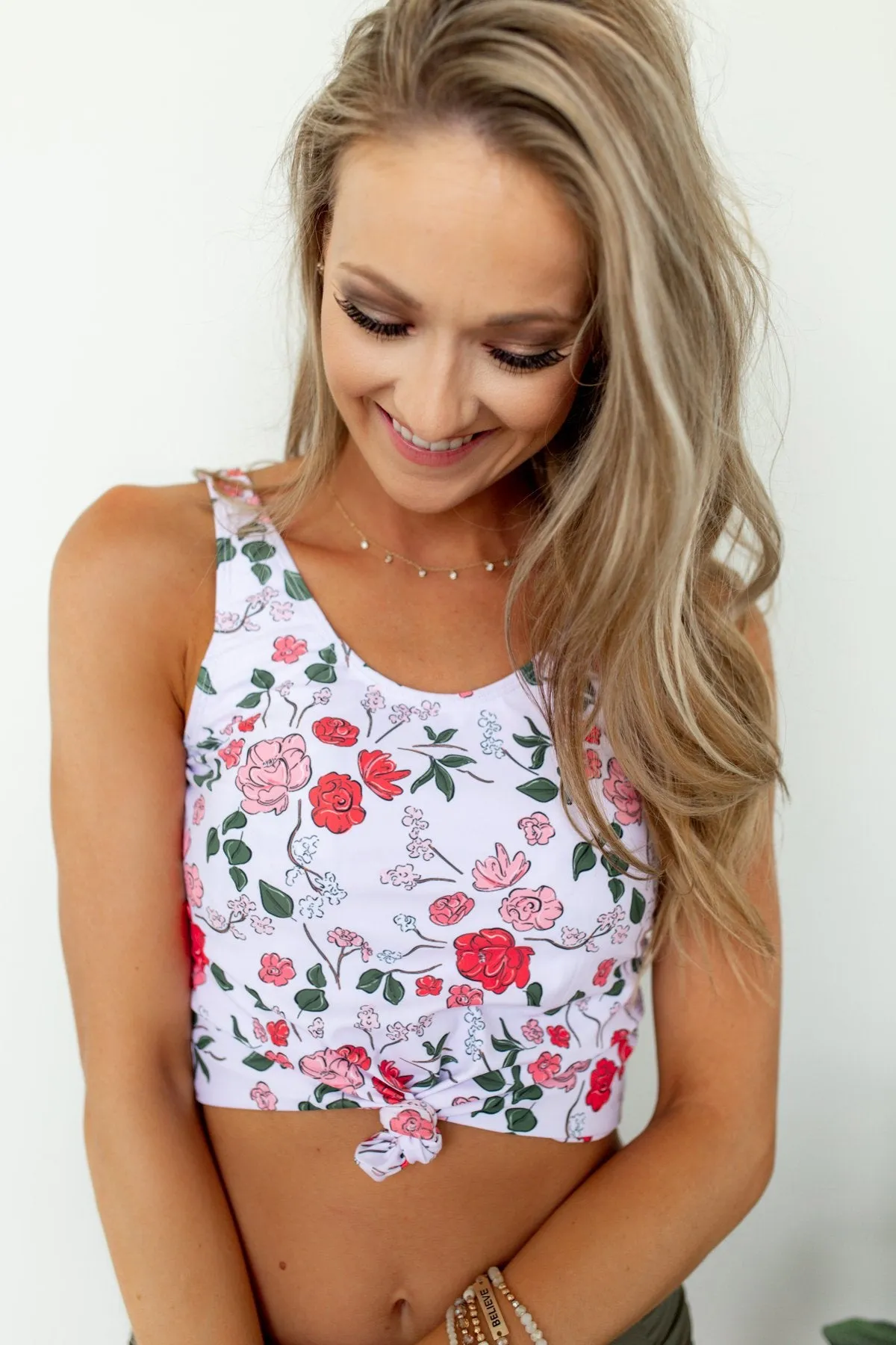 Floral Front Knot Swimsuit Tankini- Light Pink