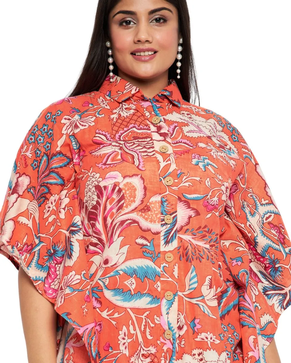 Floral Print Orange Cotton Front Button Plus Size Tunic Top For Women