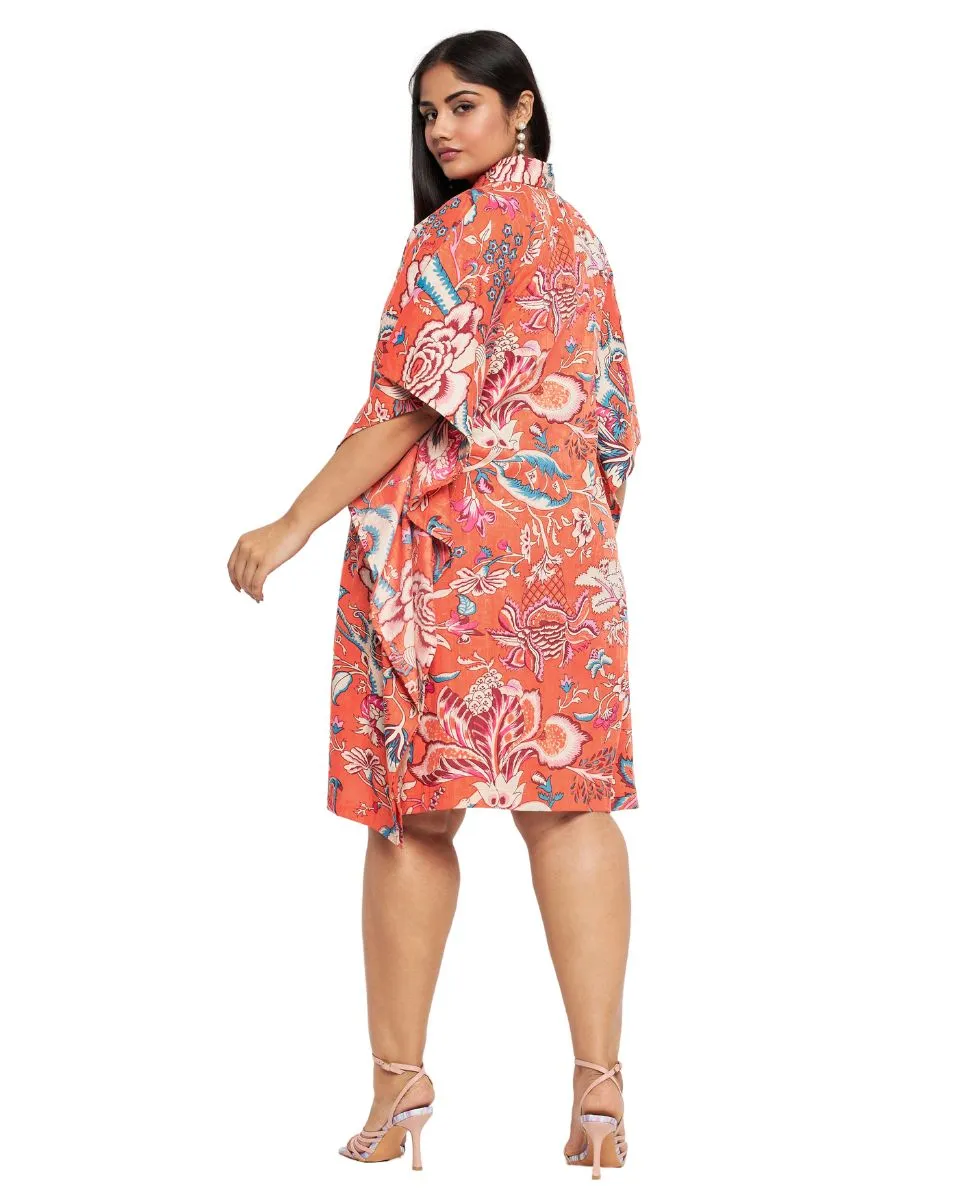 Floral Print Orange Cotton Front Button Plus Size Tunic Top For Women