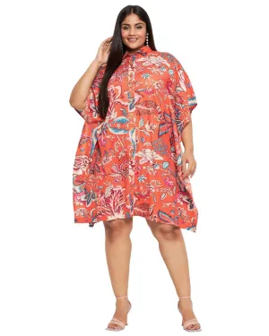 Floral Print Orange Cotton Front Button Plus Size Tunic Top For Women