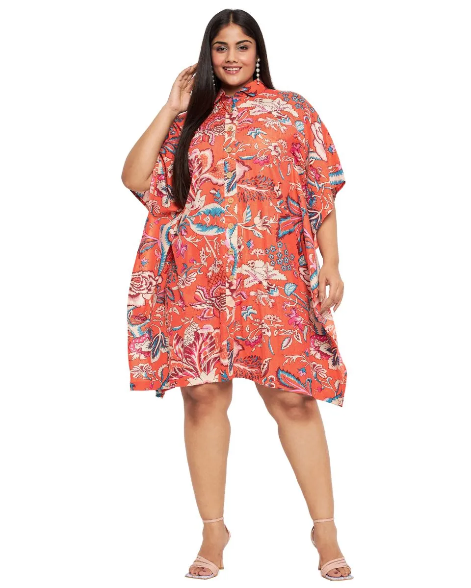 Floral Print Orange Cotton Front Button Plus Size Tunic Top For Women