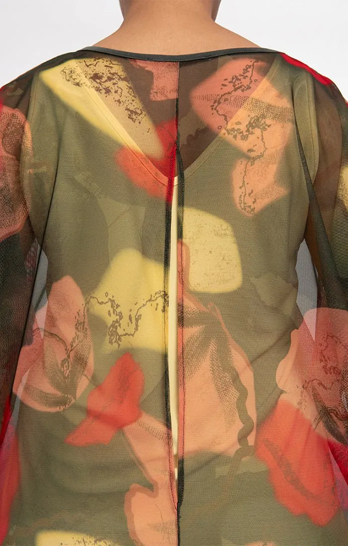 Floral Printed Sheer Tunic Slit Back