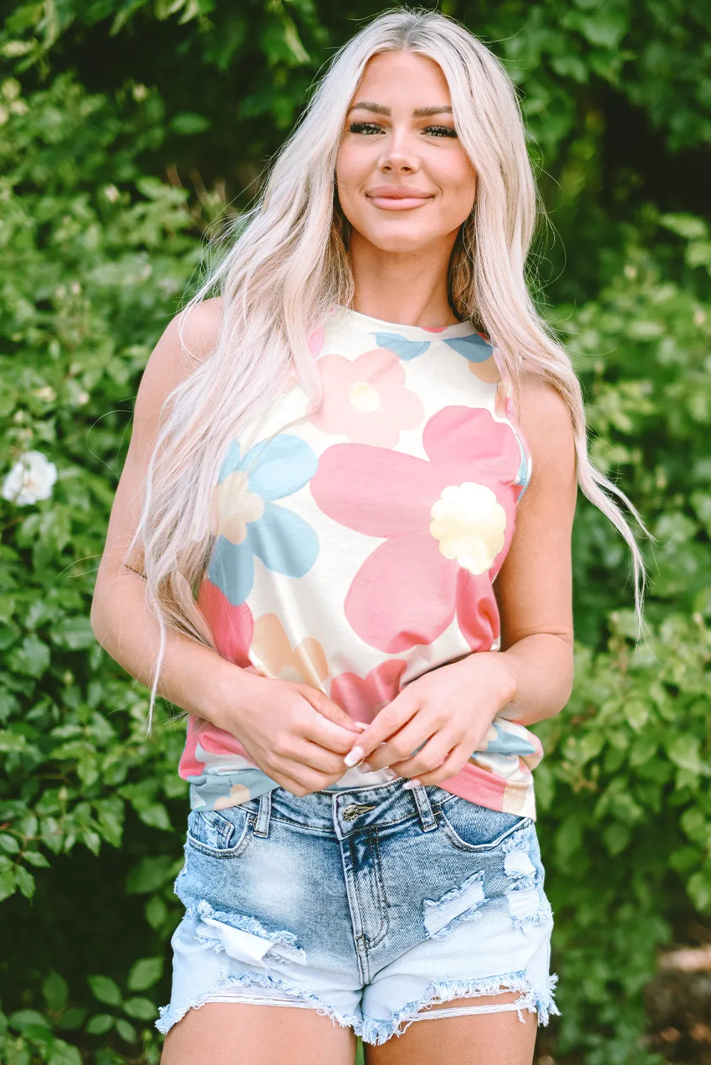 Floral Round Neck Sleeveless Top