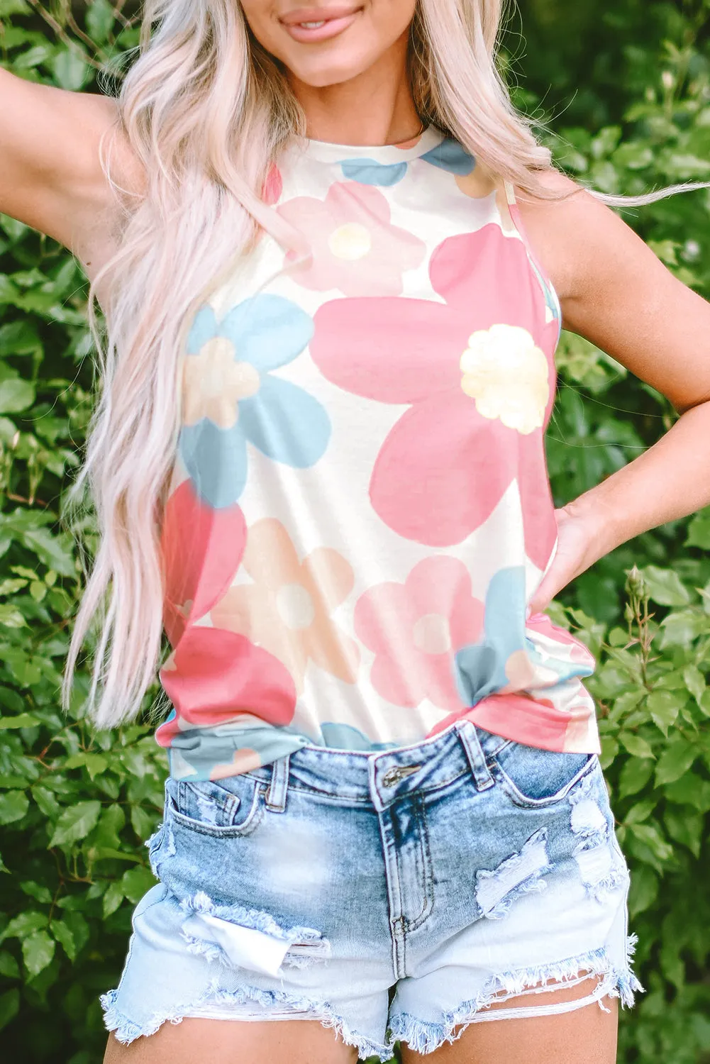 Floral Round Neck Sleeveless Top