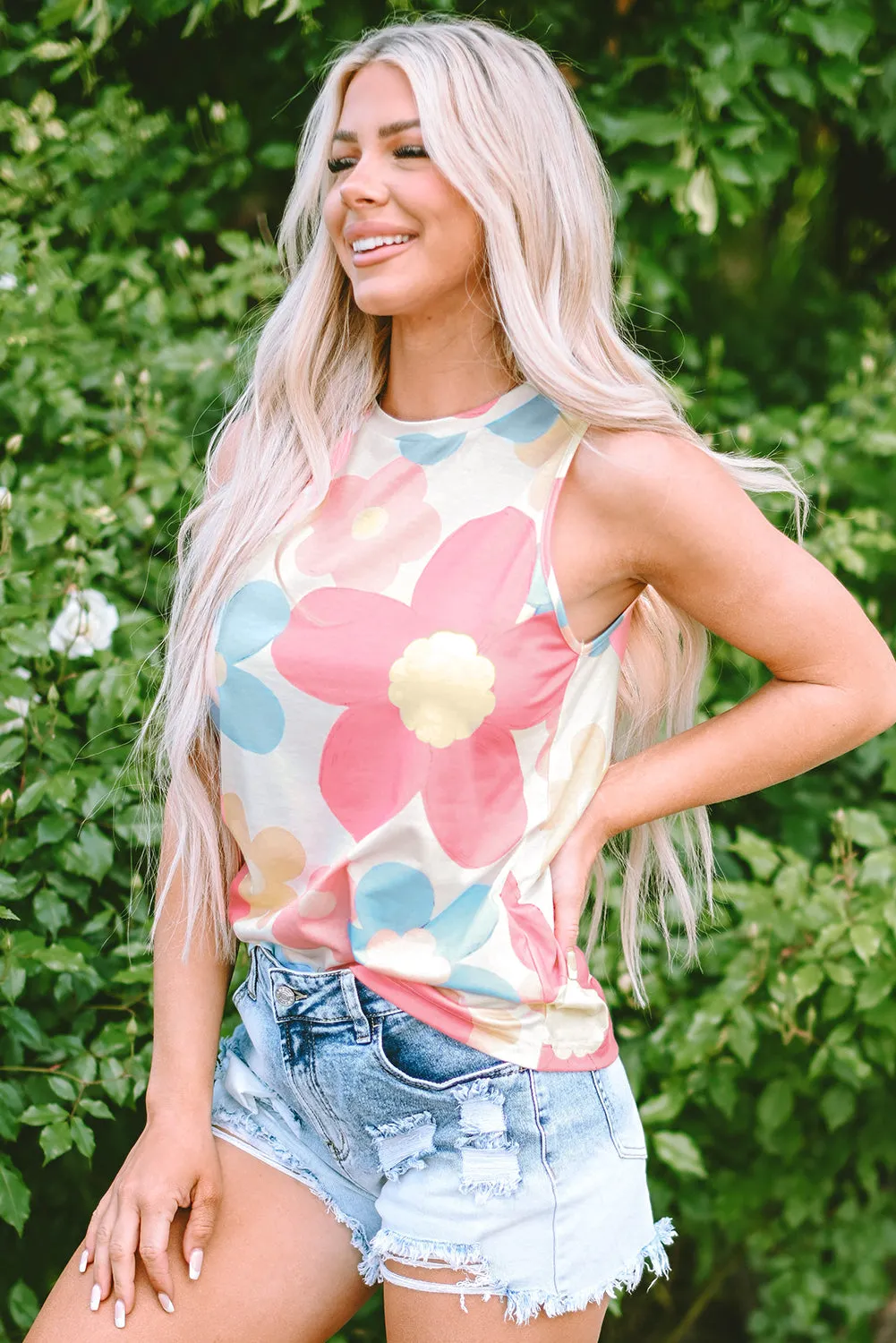 Floral Round Neck Sleeveless Top