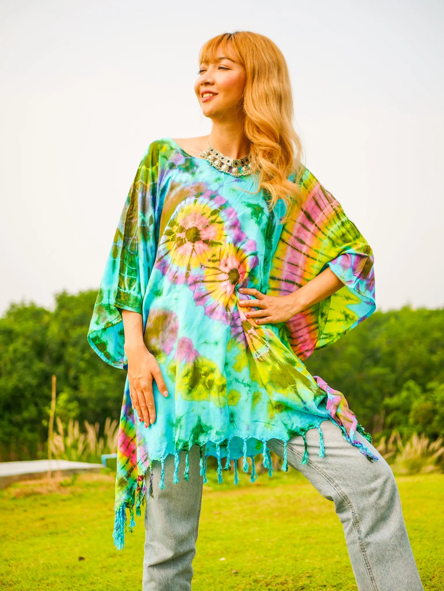 Free Spirit Tie Dye Poncho Tunic Kaftan Blouse Oversize Top