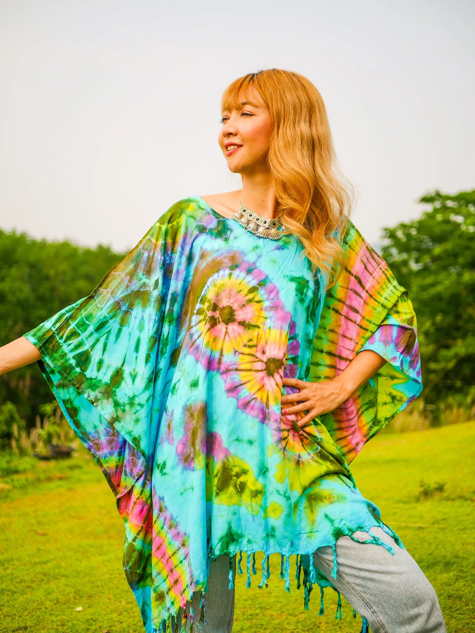 Free Spirit Tie Dye Poncho Tunic Kaftan Blouse Oversize Top