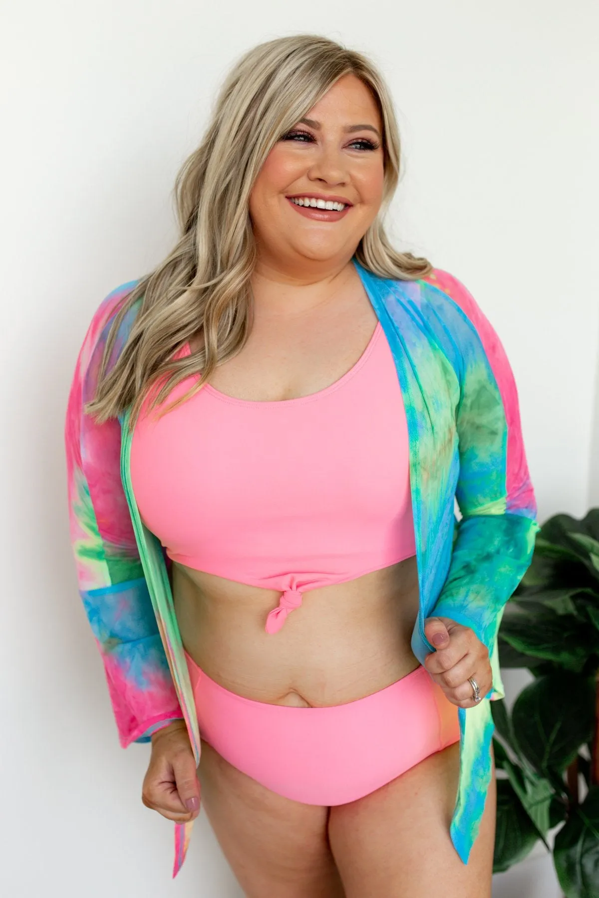 Front Knot Swimsuit Tankini- Neon Pink