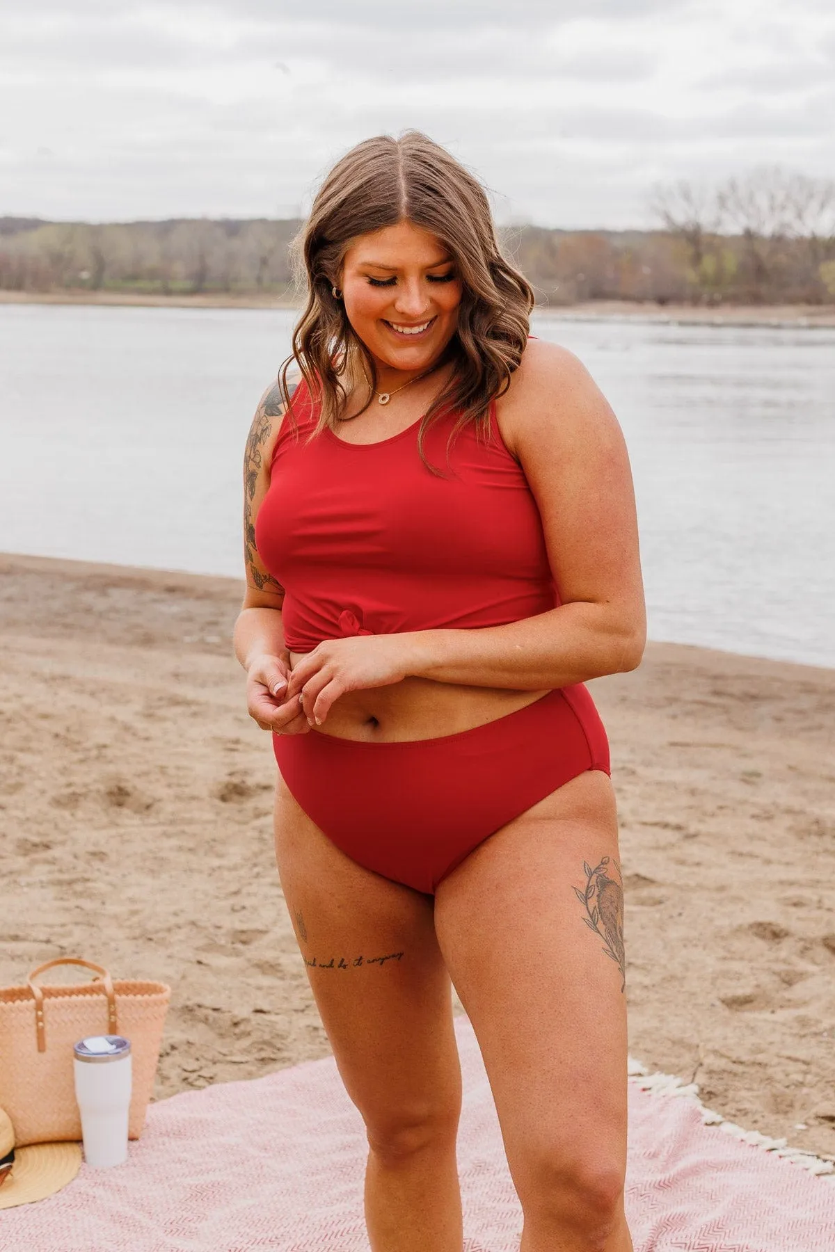 Front Knot Swimsuit Tankini- Red