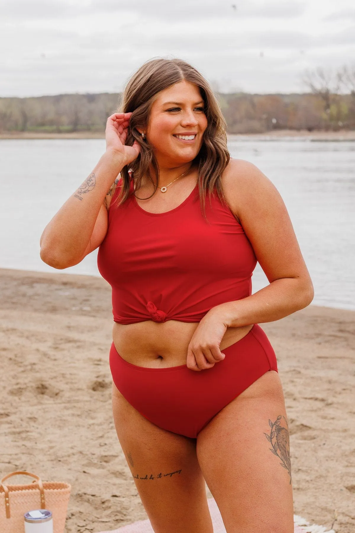 Front Knot Swimsuit Tankini- Red