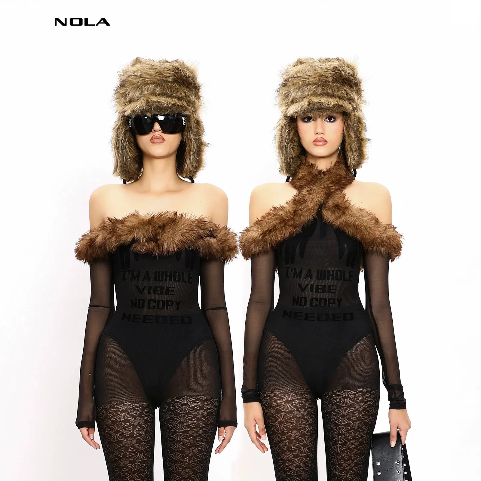 Fur-Trimmed Sheer Bodysuit