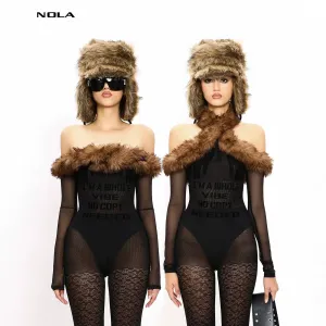 Fur-Trimmed Sheer Bodysuit