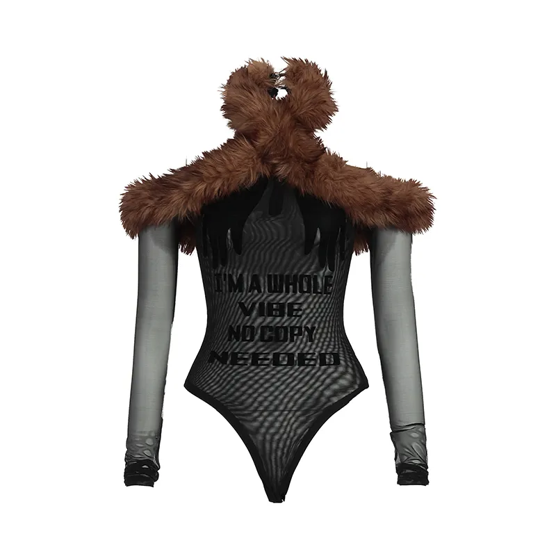 Fur-Trimmed Sheer Bodysuit