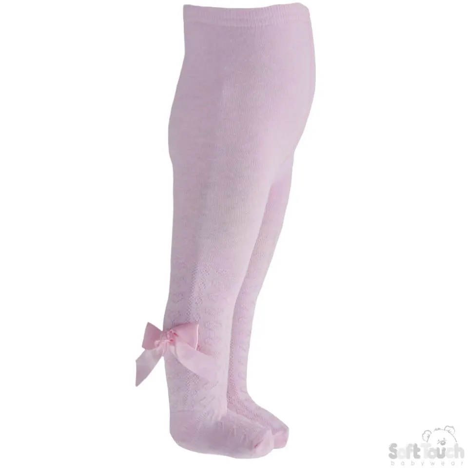 Girls Pink Hearts Jacquard Tights W/Long Bow - 2-5 Years - T51-P