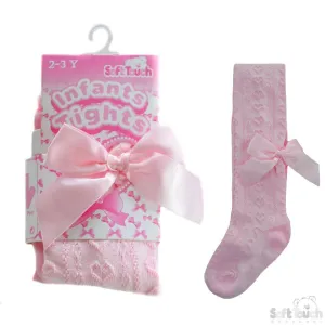 Girls Pink Hearts Jacquard Tights W/Long Bow - 2-5 Years - T51-P
