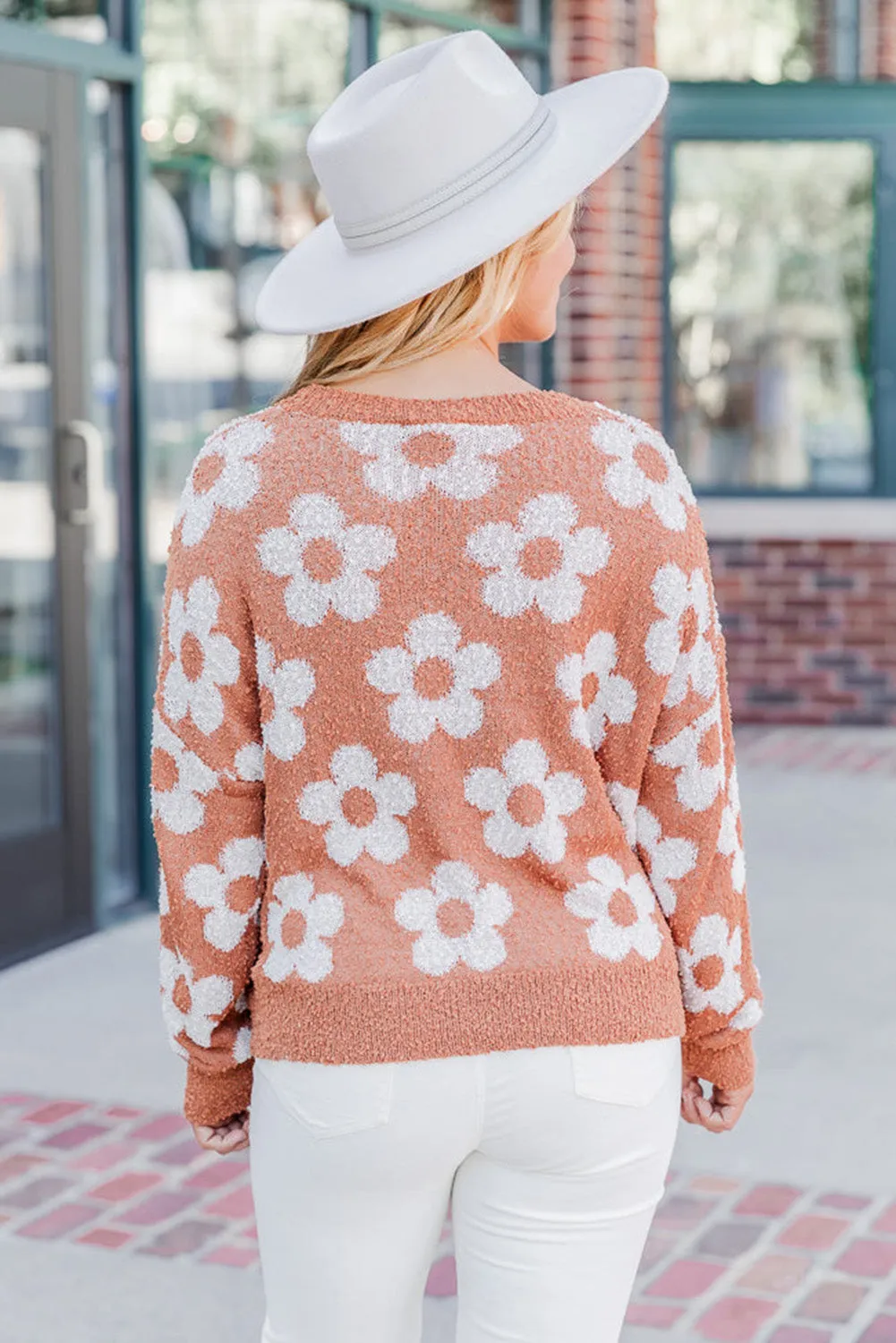 Grapefruit Orange Fuzzy Floral Knitted Drop Shoulder Sweater
