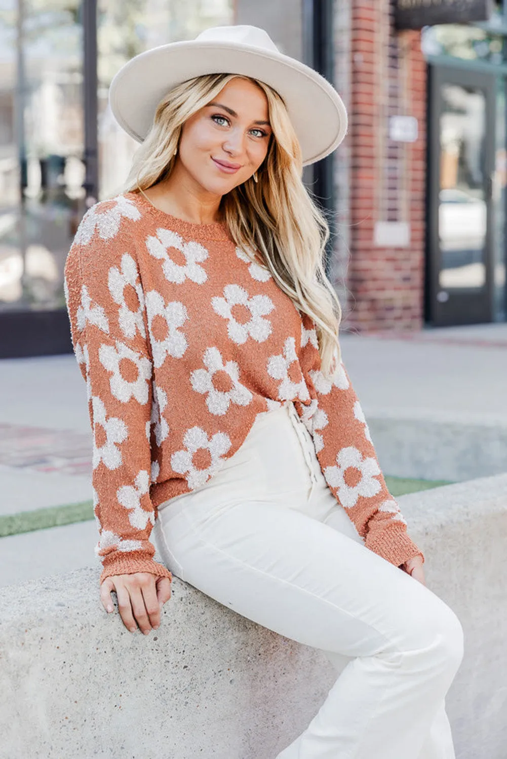Grapefruit Orange Fuzzy Floral Knitted Drop Shoulder Sweater