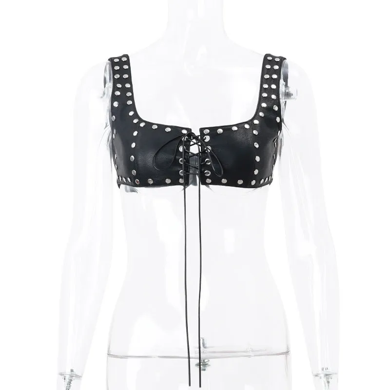 Grommet Tie Faux Leather Crop Top