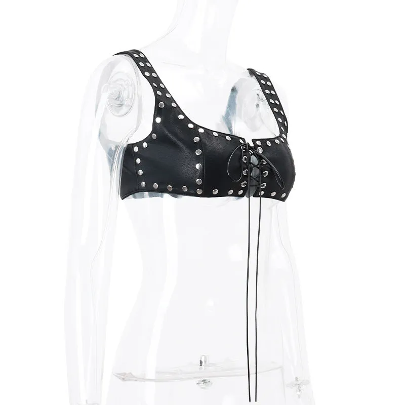Grommet Tie Faux Leather Crop Top