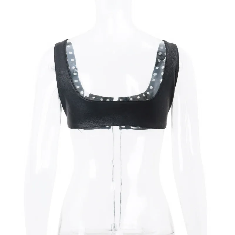 Grommet Tie Faux Leather Crop Top