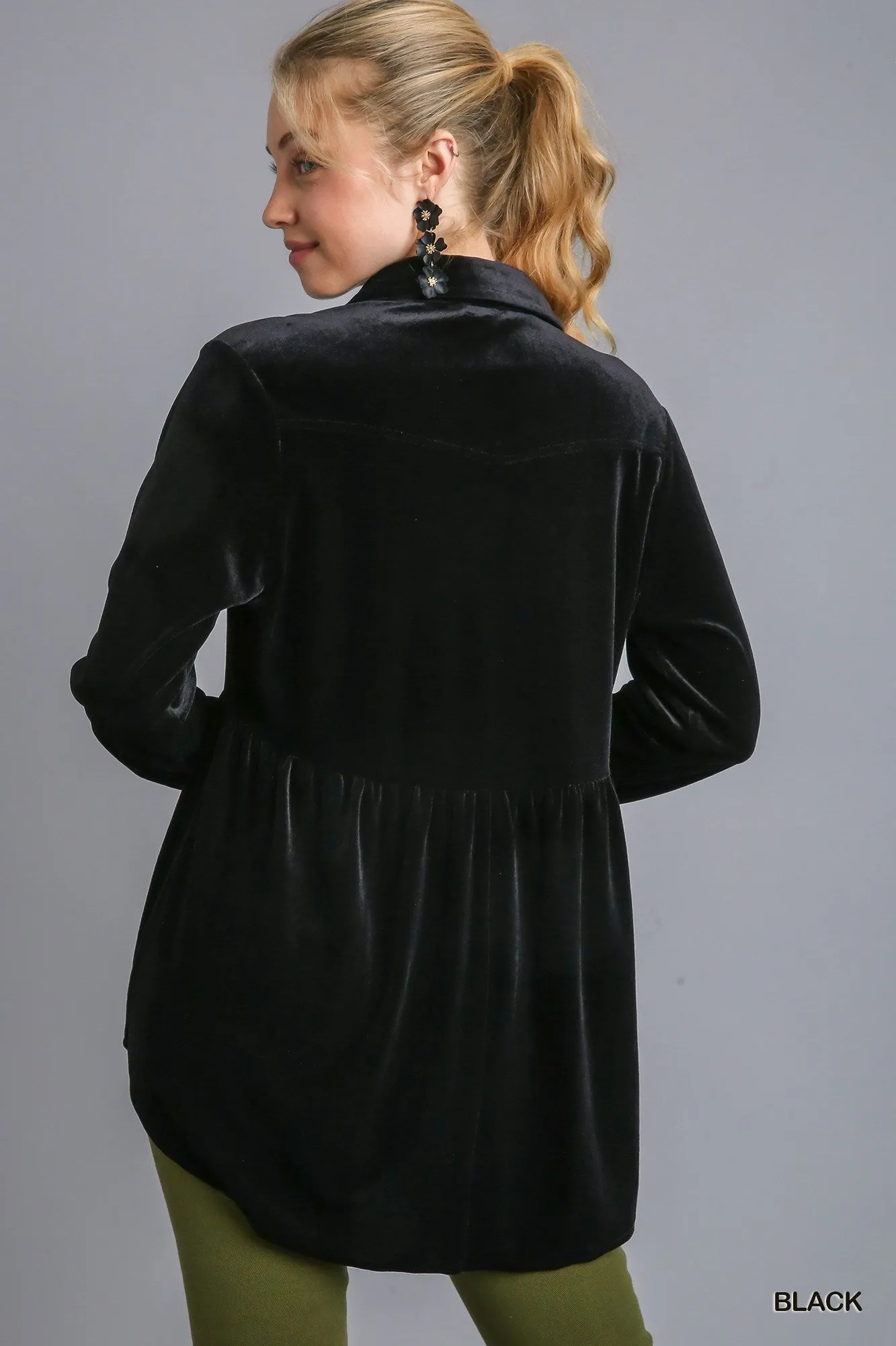 Helen Velvet Collar Button Down Long Sleeve Tunic Dress with High Low Hem - Black