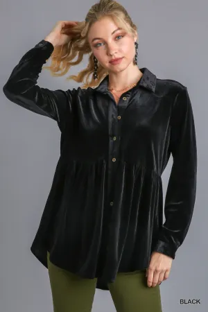 Helen Velvet Collar Button Down Long Sleeve Tunic Dress with High Low Hem - Black