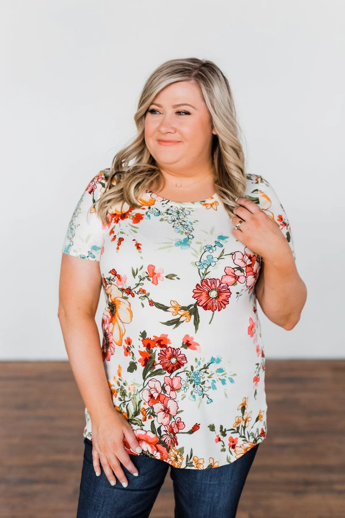 Here With Me Floral Short Sleeve Top- Ivory