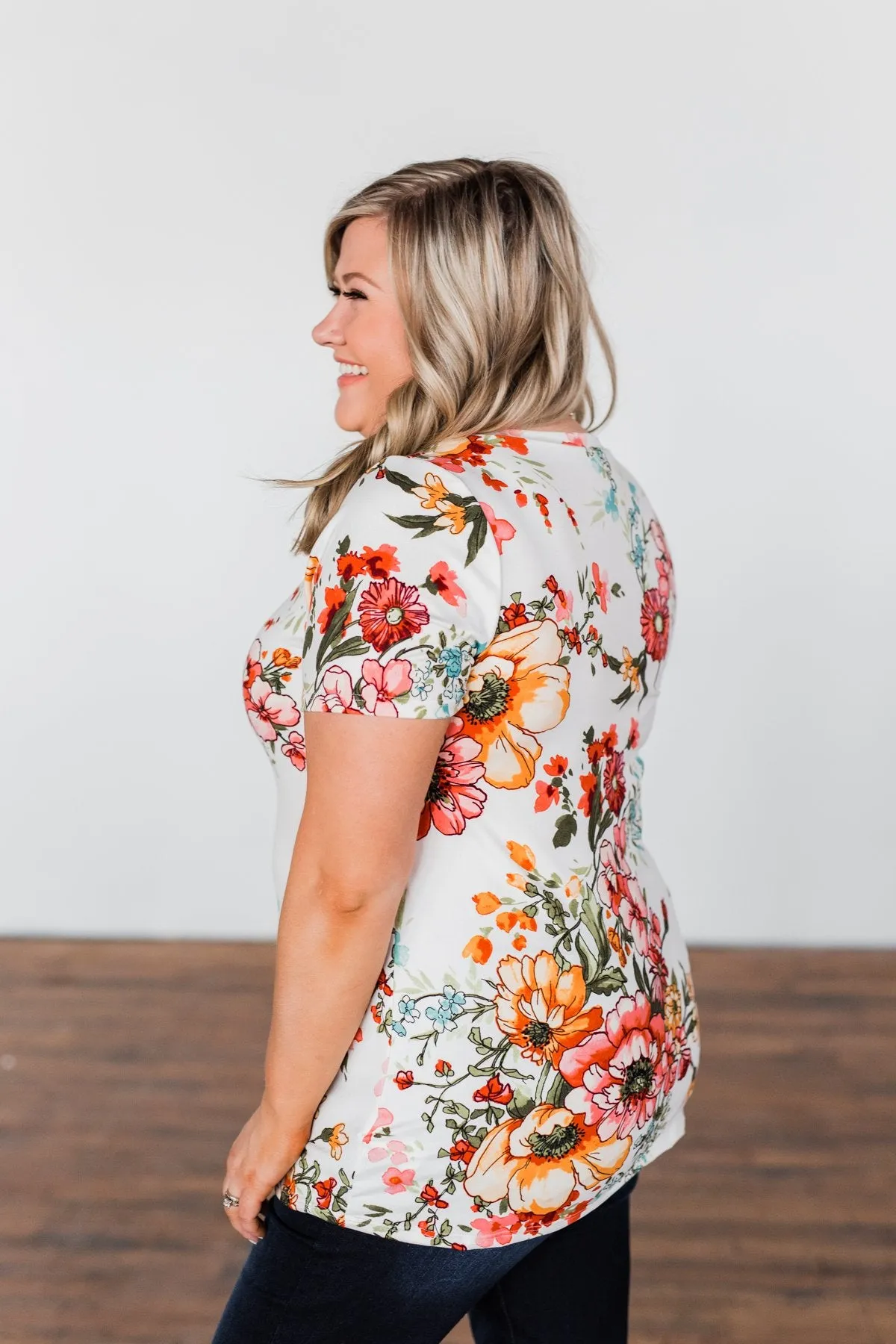 Here With Me Floral Short Sleeve Top- Ivory