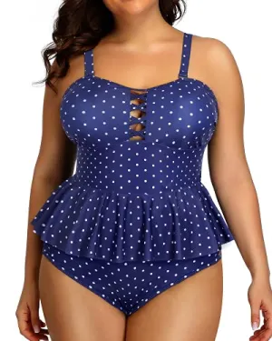 High Waisted Bikini Bottoms Plus Size Swimsuits For Women-Navy Blue Polka Dot