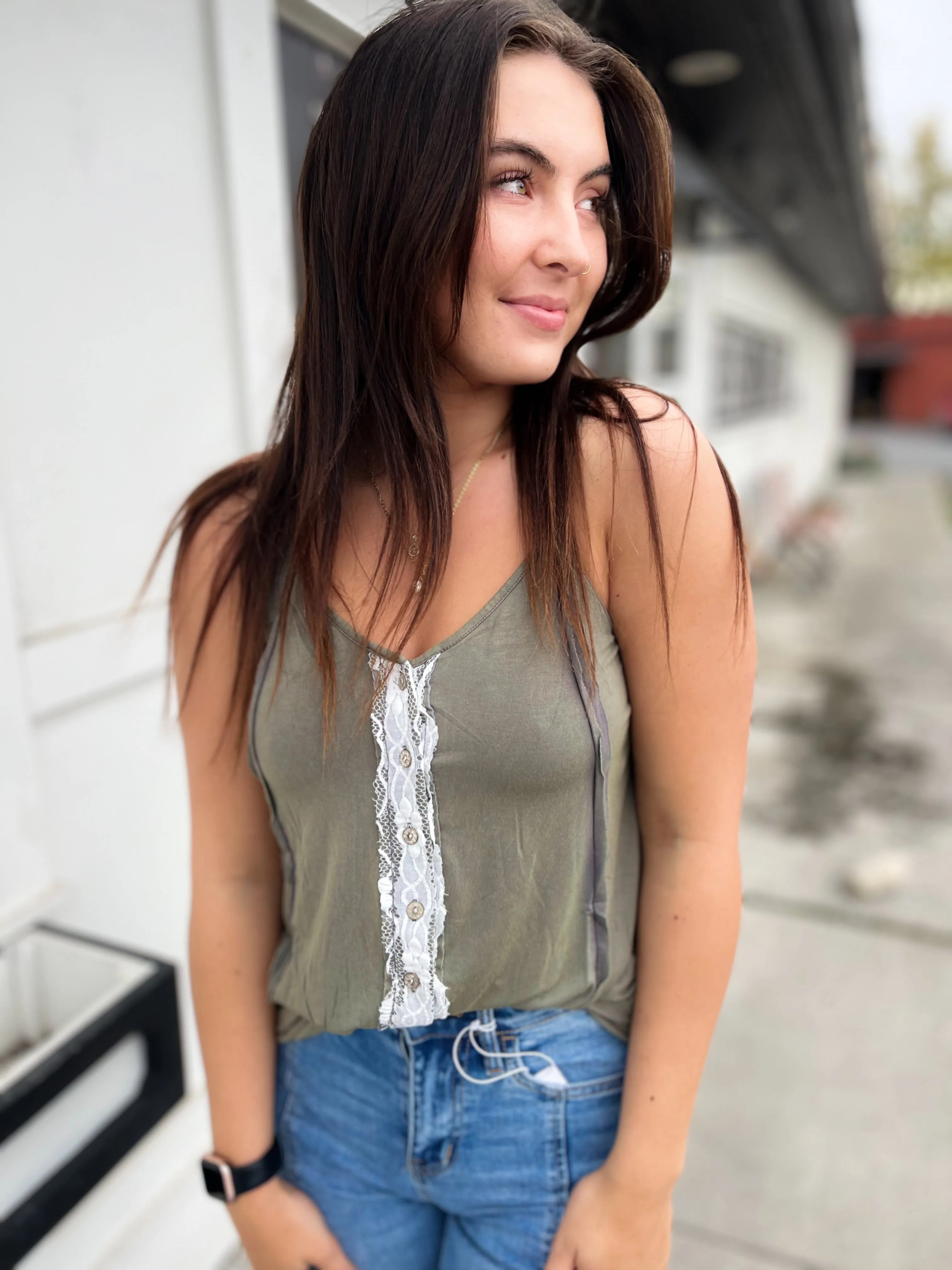 Isabella Long Lace Trim Tank- Charcoal