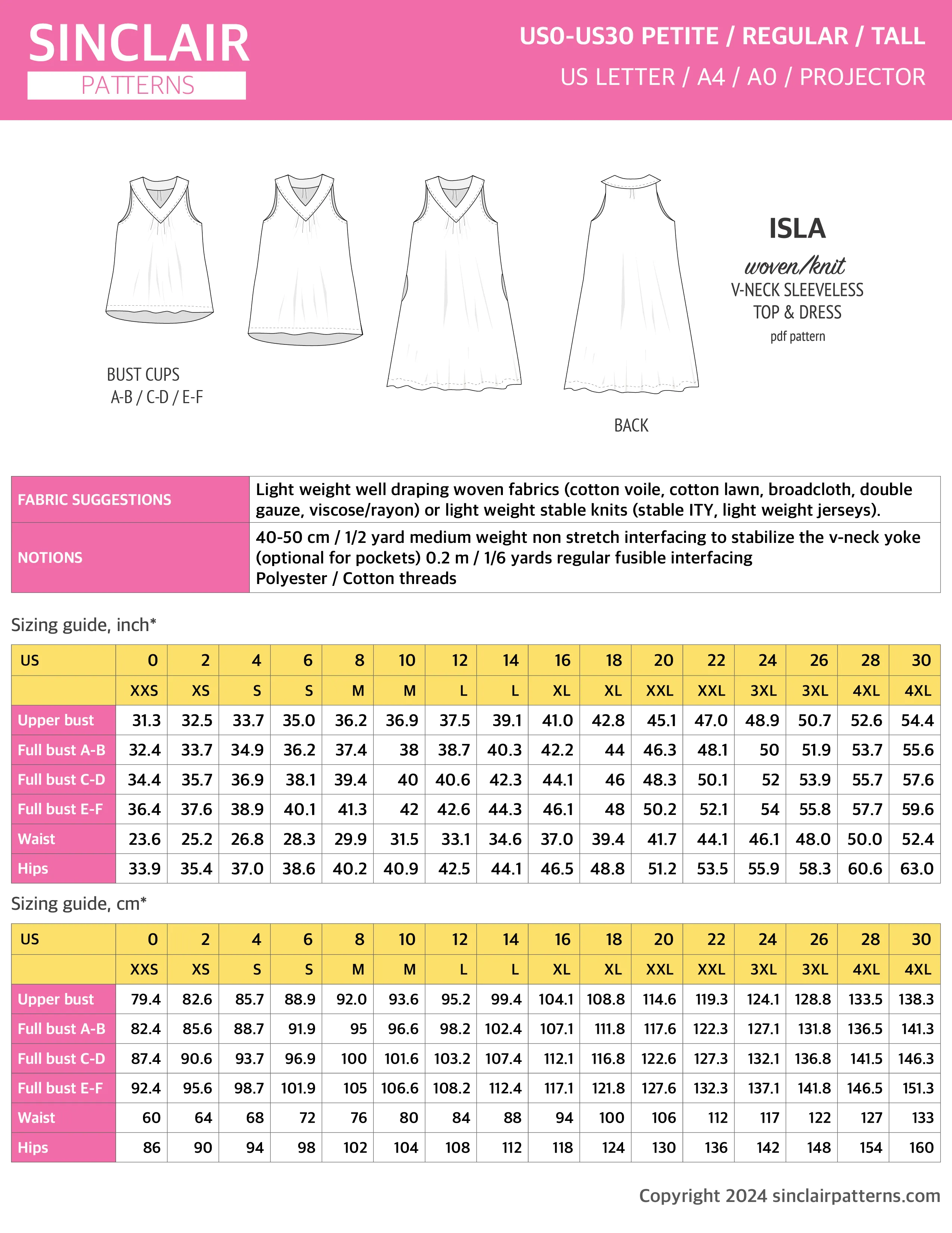 Isla V-neck sleeveless top, tunic and dress for woven and knit fabrics (PDF)