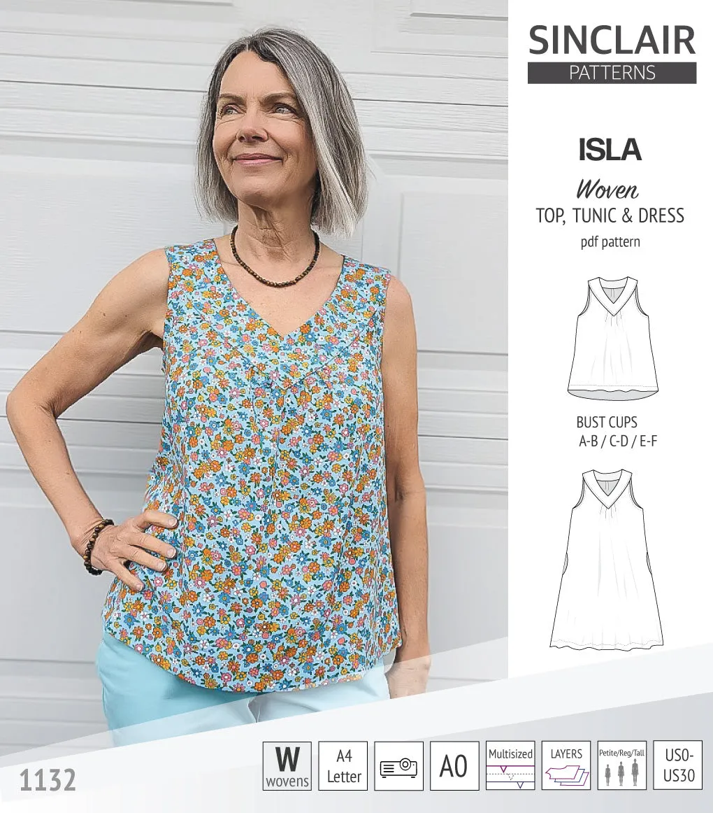 Isla V-neck sleeveless top, tunic and dress for woven and knit fabrics (PDF)