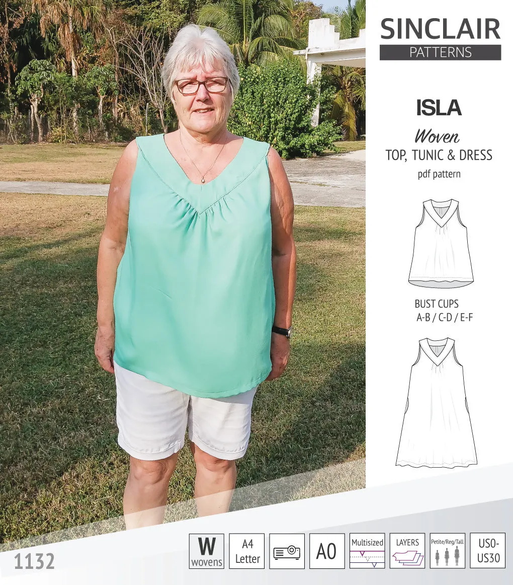 Isla V-neck sleeveless top, tunic and dress for woven and knit fabrics (PDF)